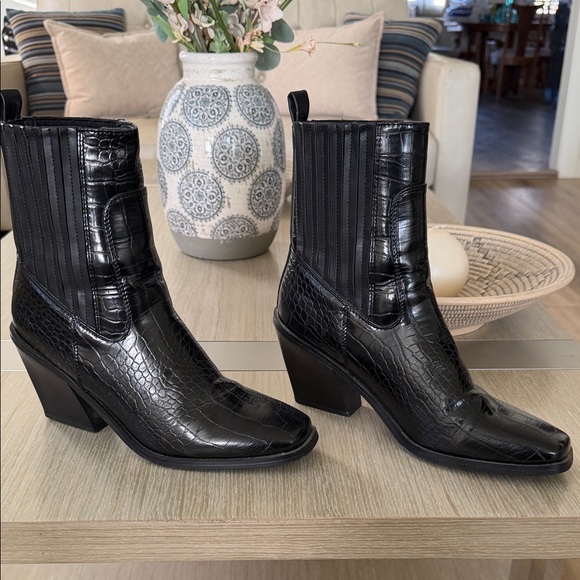 Halston Heritage Black Croc-Embossed Western Ankle Boots - Picture 3 of 3